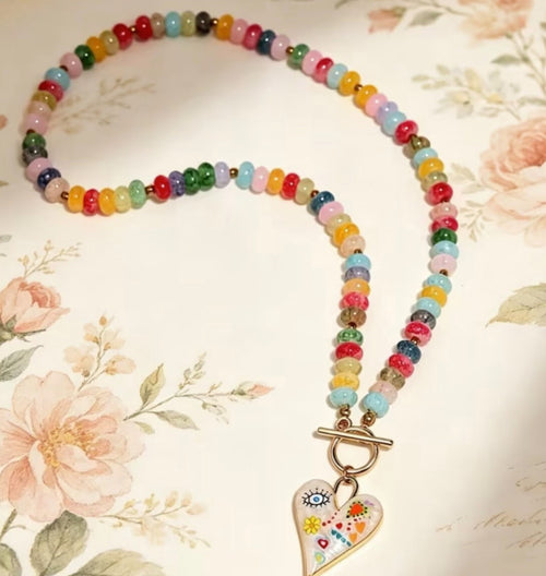 Bohemian style colorful beaded heart pendant necklace