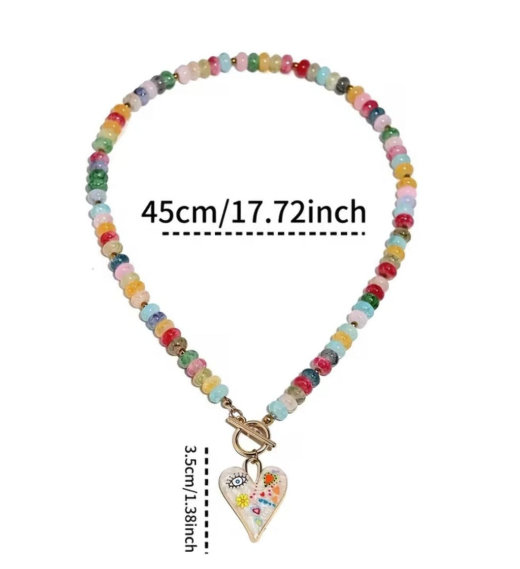 Bohemian style colorful beaded heart pendant necklace