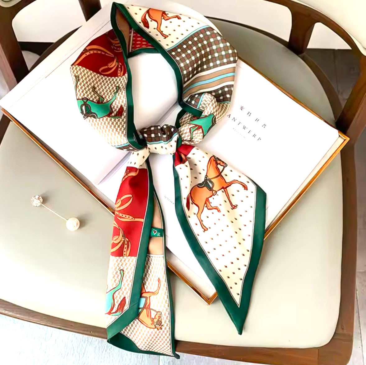 horse retro long thin scarf belt headband green colorful