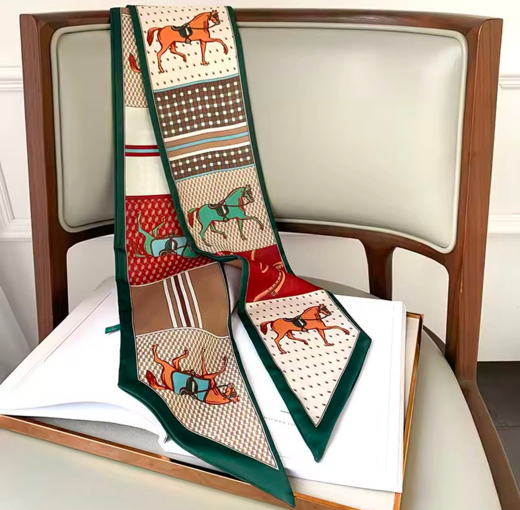 horse retro long thin scarf belt headband green colorful