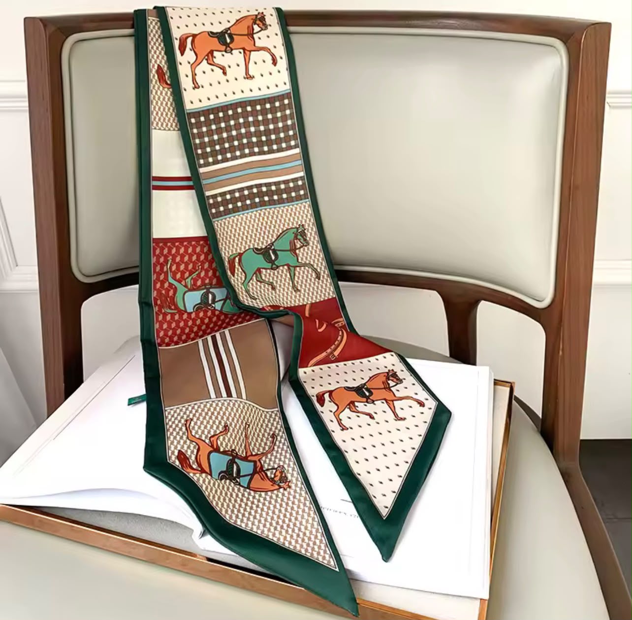 horse retro long thin scarf belt headband green colorful