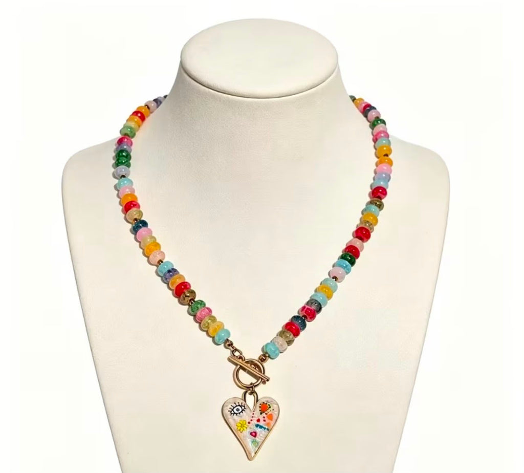 Bohemian style colorful beaded heart pendant necklace