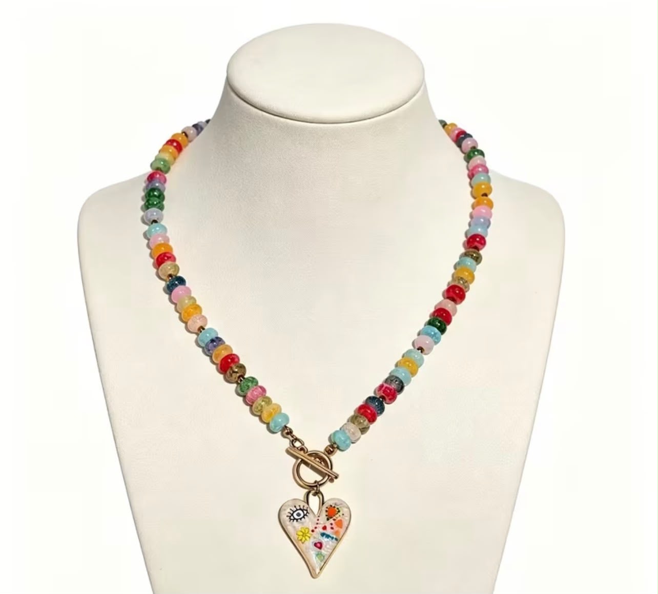 Bohemian style colorful beaded heart pendant necklace