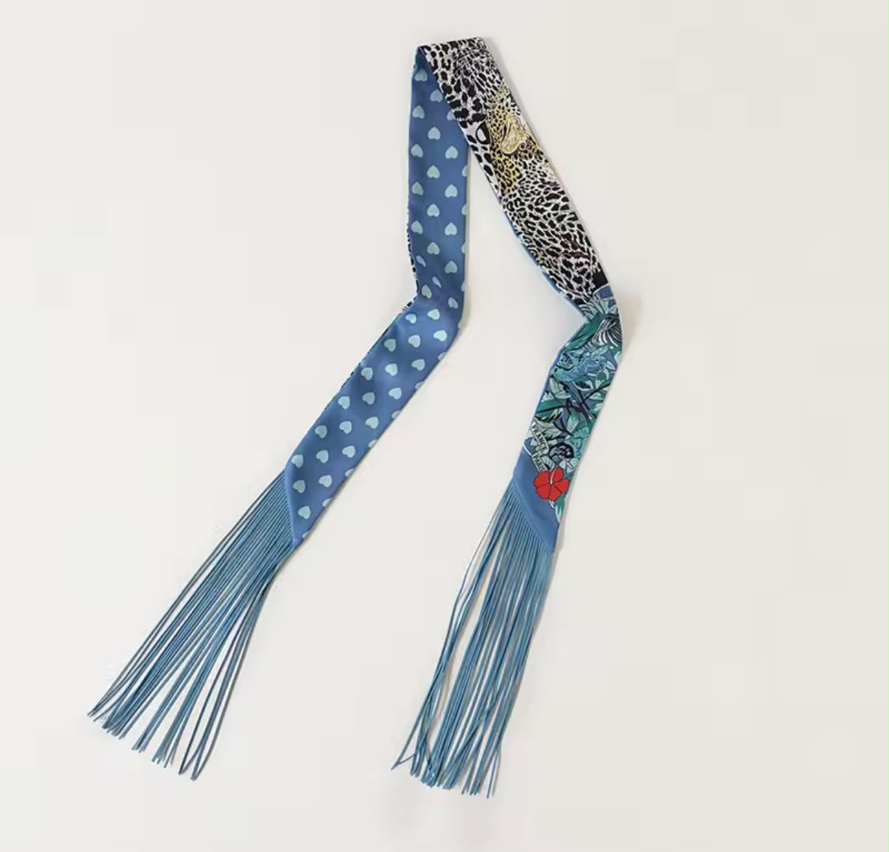 Blue polka dot vintage retro thin scarf tassel luxury fringe twilly